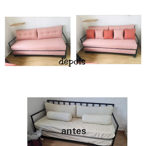 Antes e depois de um sofá-cama com estofado rosa