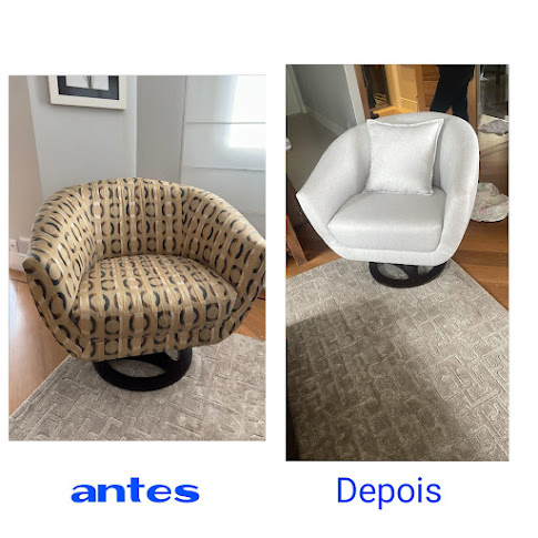 Reforma de poltrona giratória: de estampada para um elegante tecido cinza